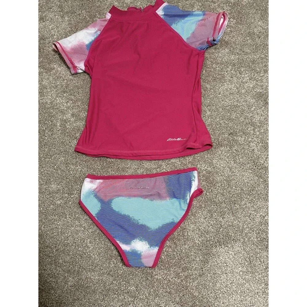 Eddie Bauer Girls Swimsuit Set Short Sleeve Rash Guard Bikini Bottoms   Size 7/8